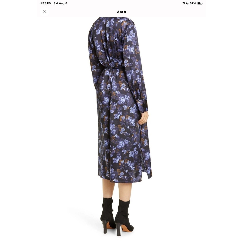 Vince Floral Satin long Dress Womens Large Blue NWT V650051172 Split Neck Shift